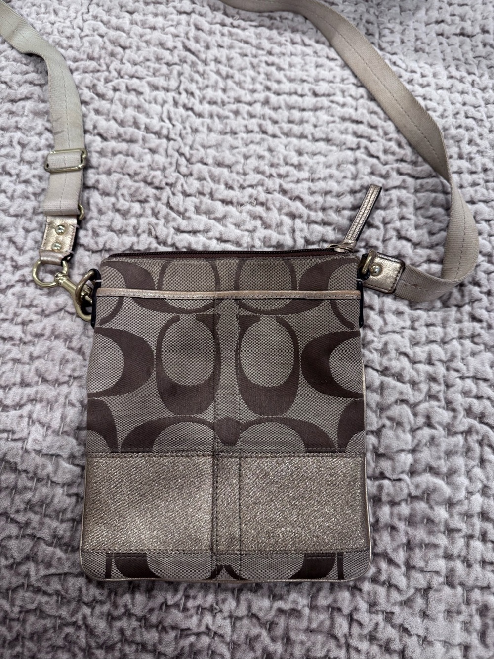 Coach Brown Signature Canvas Crossbody with Metallic Trim